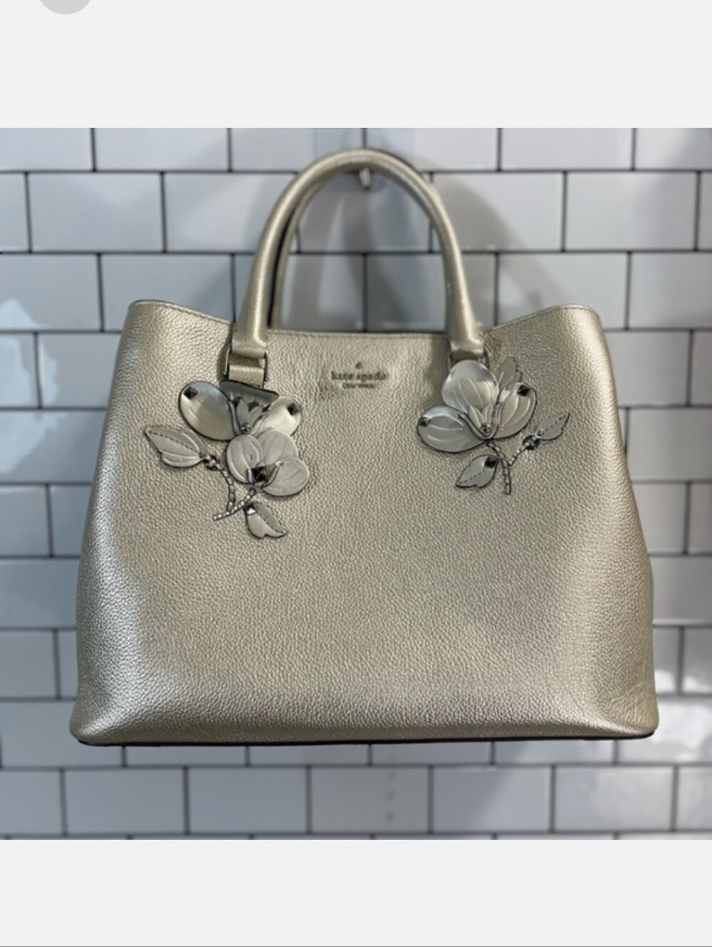 Kate Spade Larchmont Ave Metallic Silver Floral Appliqué Satchel Bag.... Rare